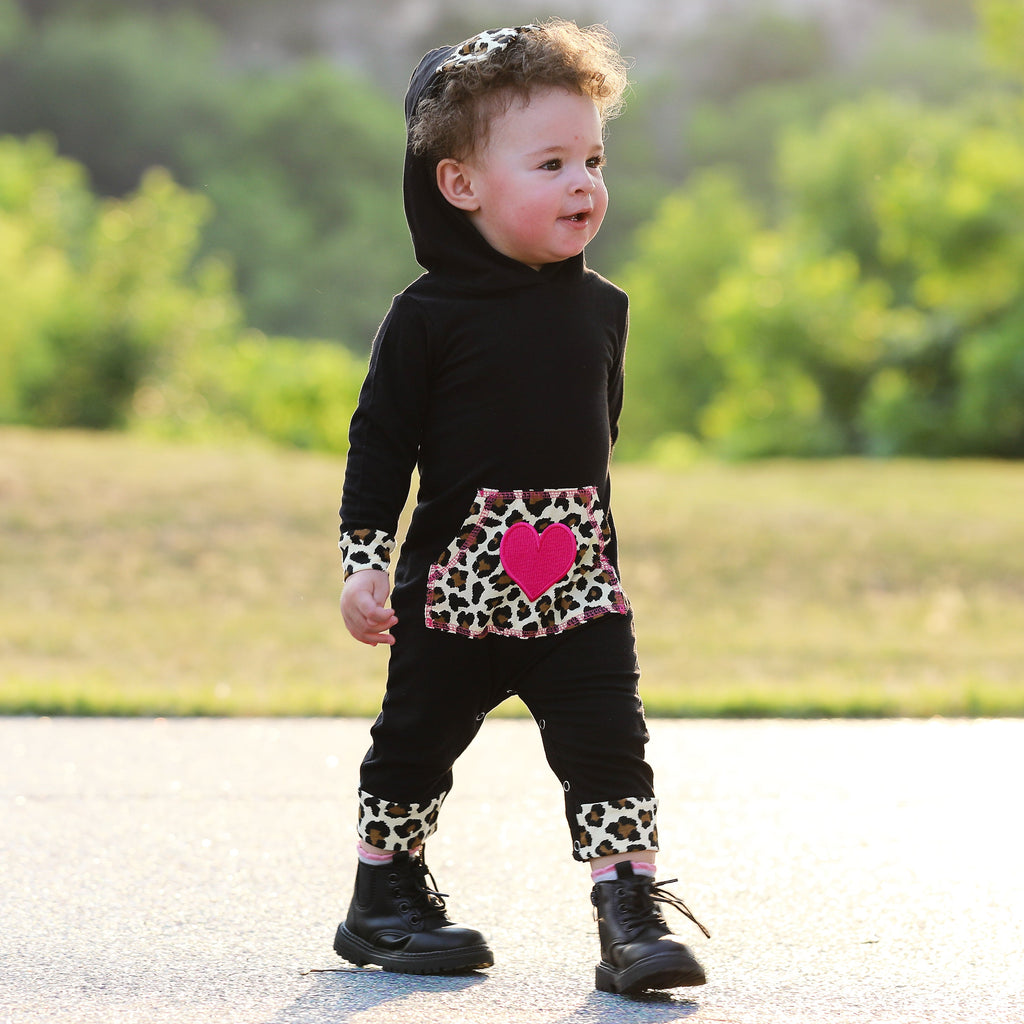 AnnLoren Girls Long Sleeve Leopard Heart Baby Toddler Romper Hoodie One Piece-1