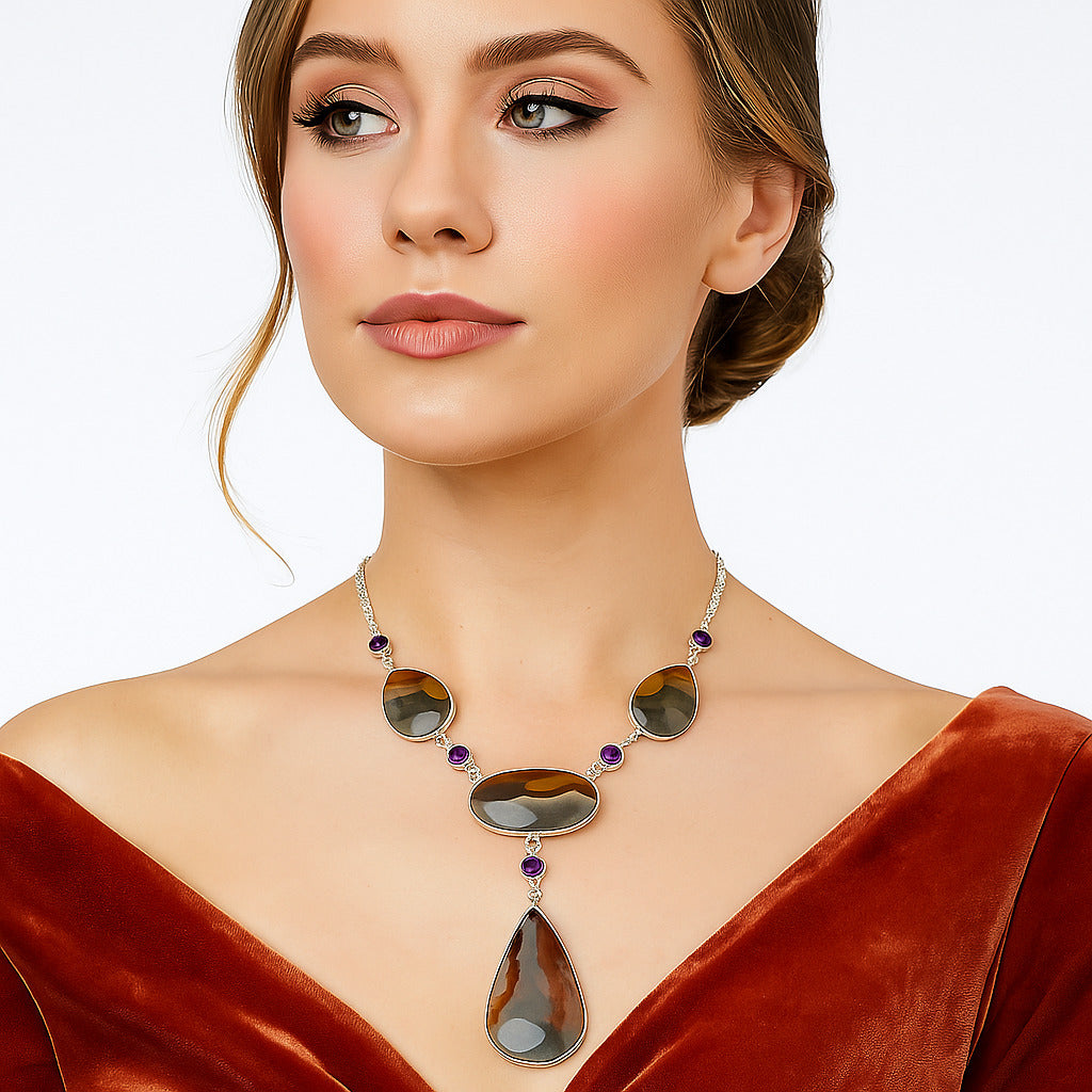 Natural Polygram Jasper & Amethyst Necklace N-1023 SDN2030-0