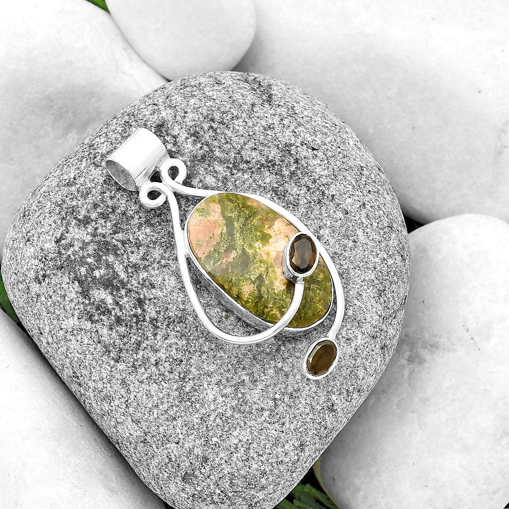 Natural Unakite & Smoky Quartz Pendant P-1051 SDP133993-1