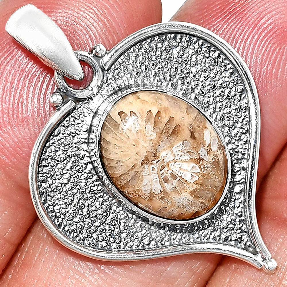 Heart - Natural Flower Fossil Coral Pendant P-1503 SDP151291-0