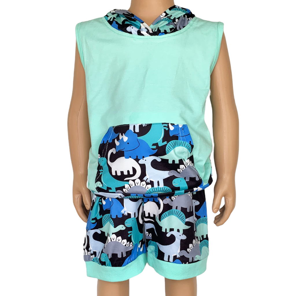 AL Limited Boys Dinosaur Hoodie Kangaroo Pocket Short Set Outfit-1