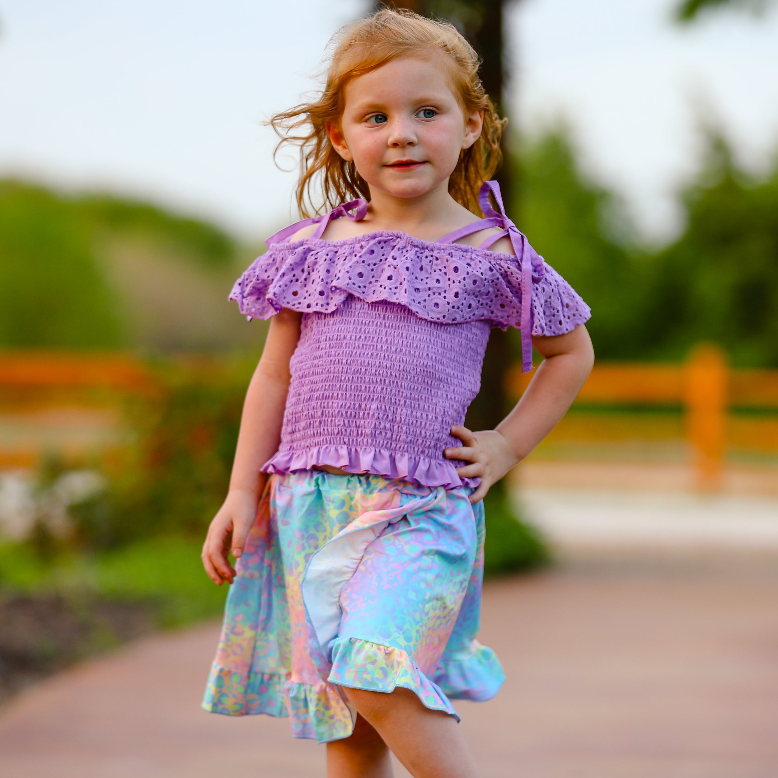 AL Limited Little & Big Girls Purple Eyelet Smocked Top and Tie Dye Skirt-3