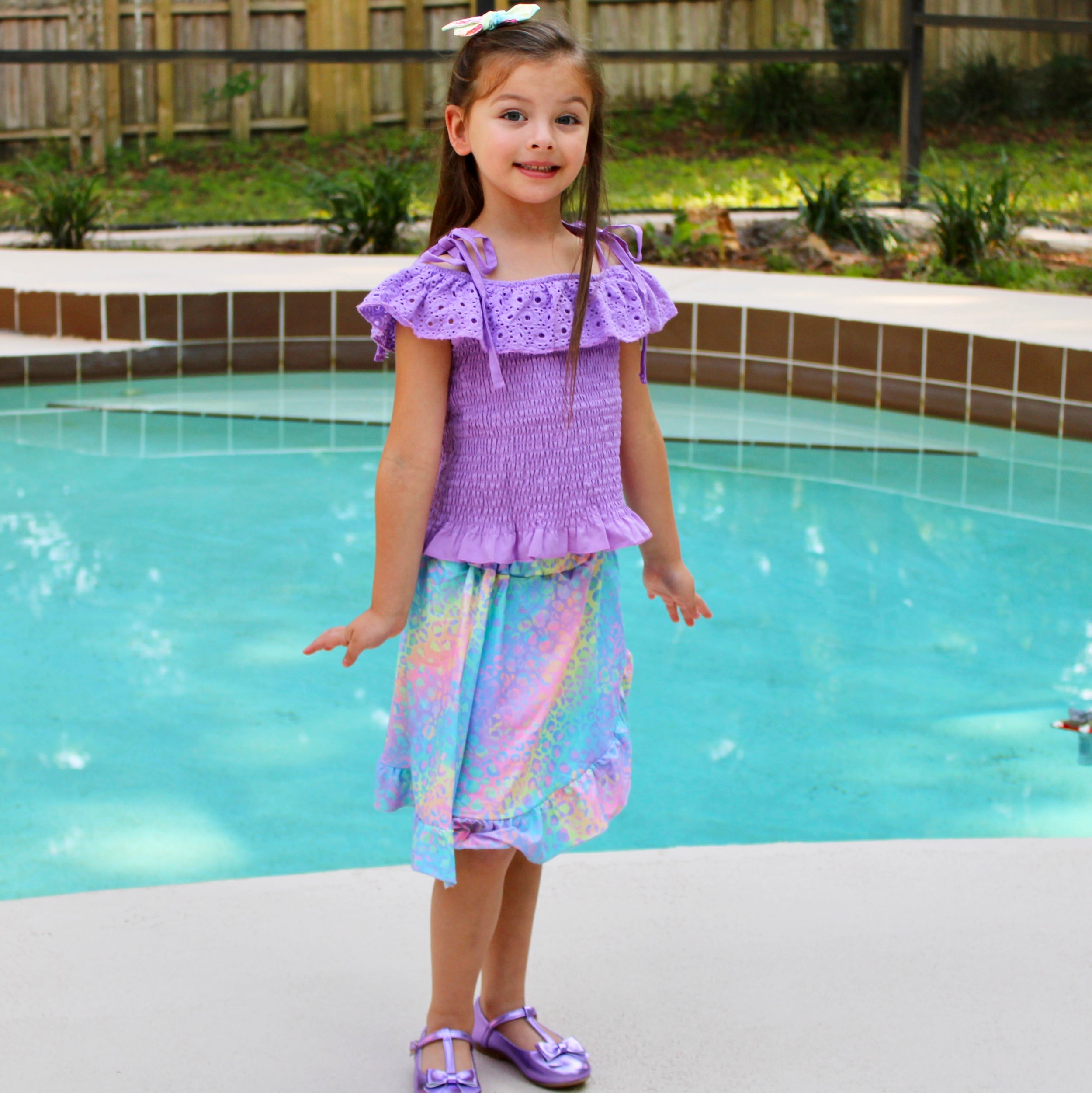 AL Limited Little & Big Girls Purple Eyelet Smocked Top and Tie Dye Skirt-2