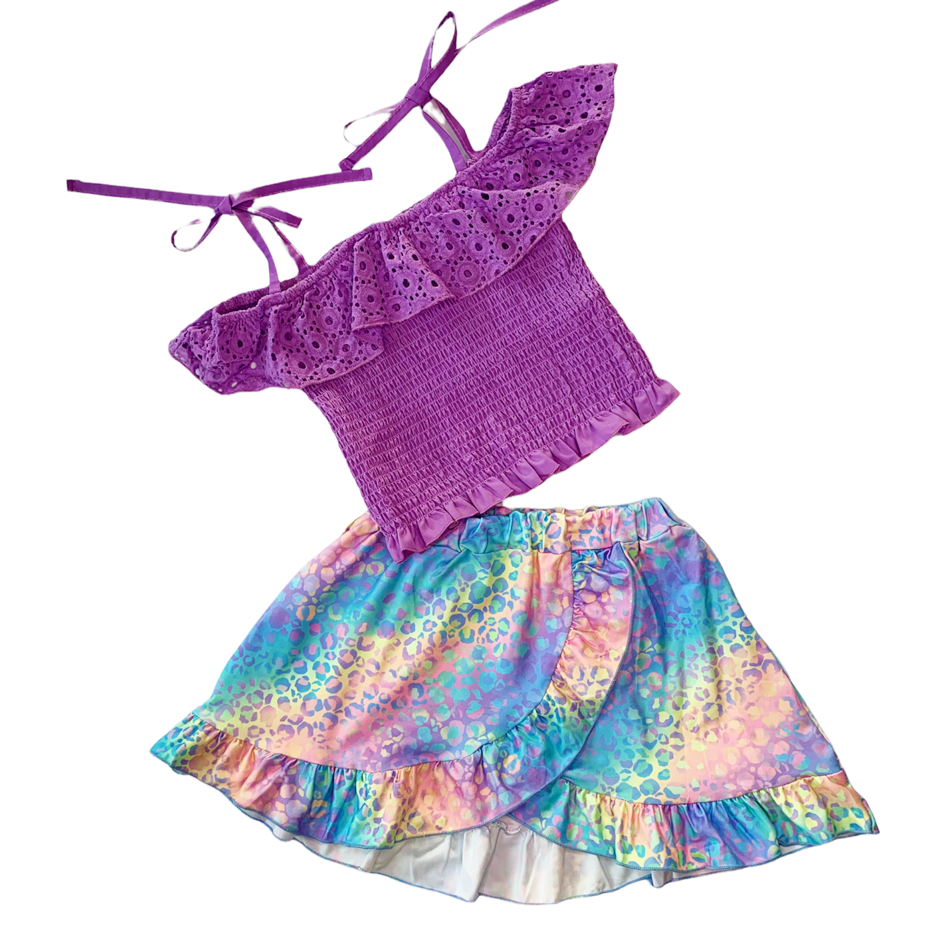 AL Limited Little & Big Girls Purple Eyelet Smocked Top and Tie Dye Skirt-0