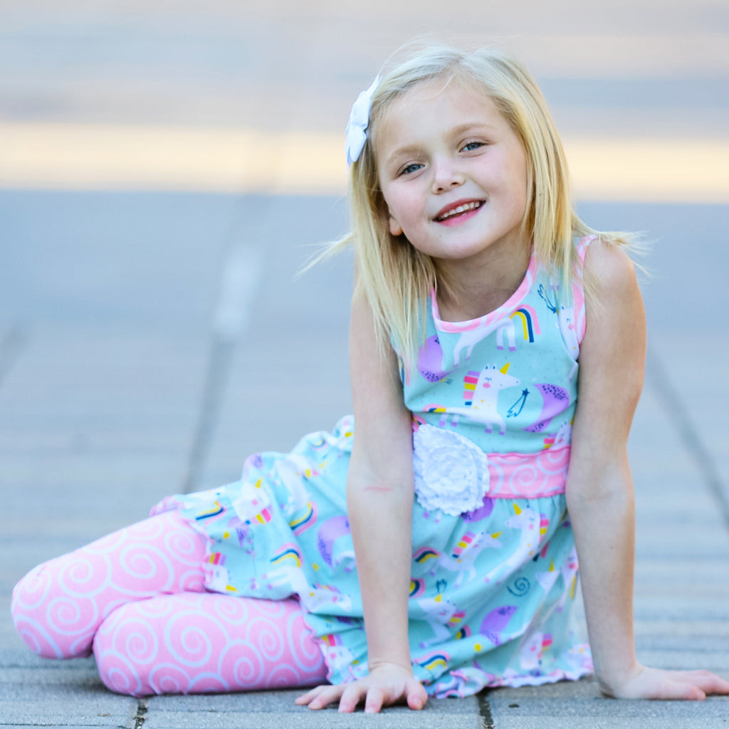 AnnLoren Girls Unicorns Rainbow Dress & Pink Swirl Leggings Outfit-4