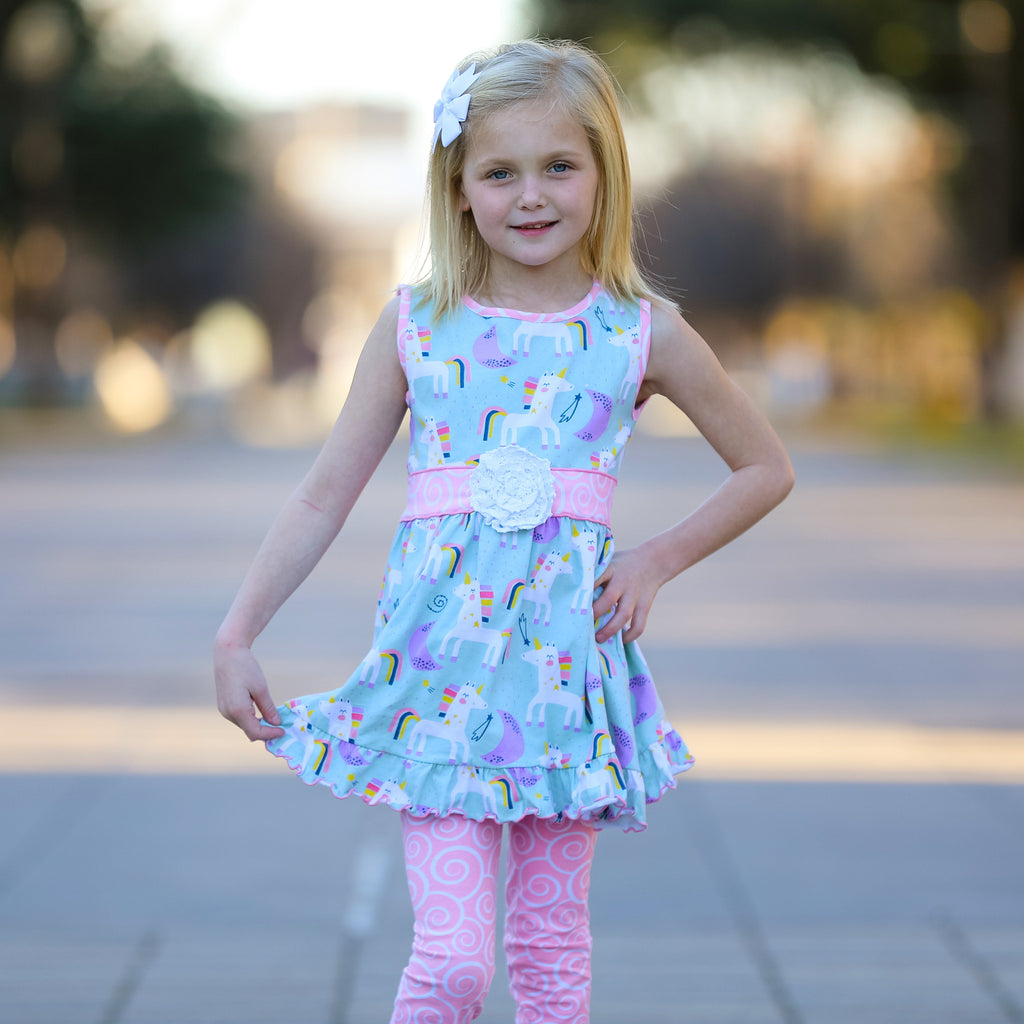 AnnLoren Girls Unicorns Rainbow Dress & Pink Swirl Leggings Outfit-2