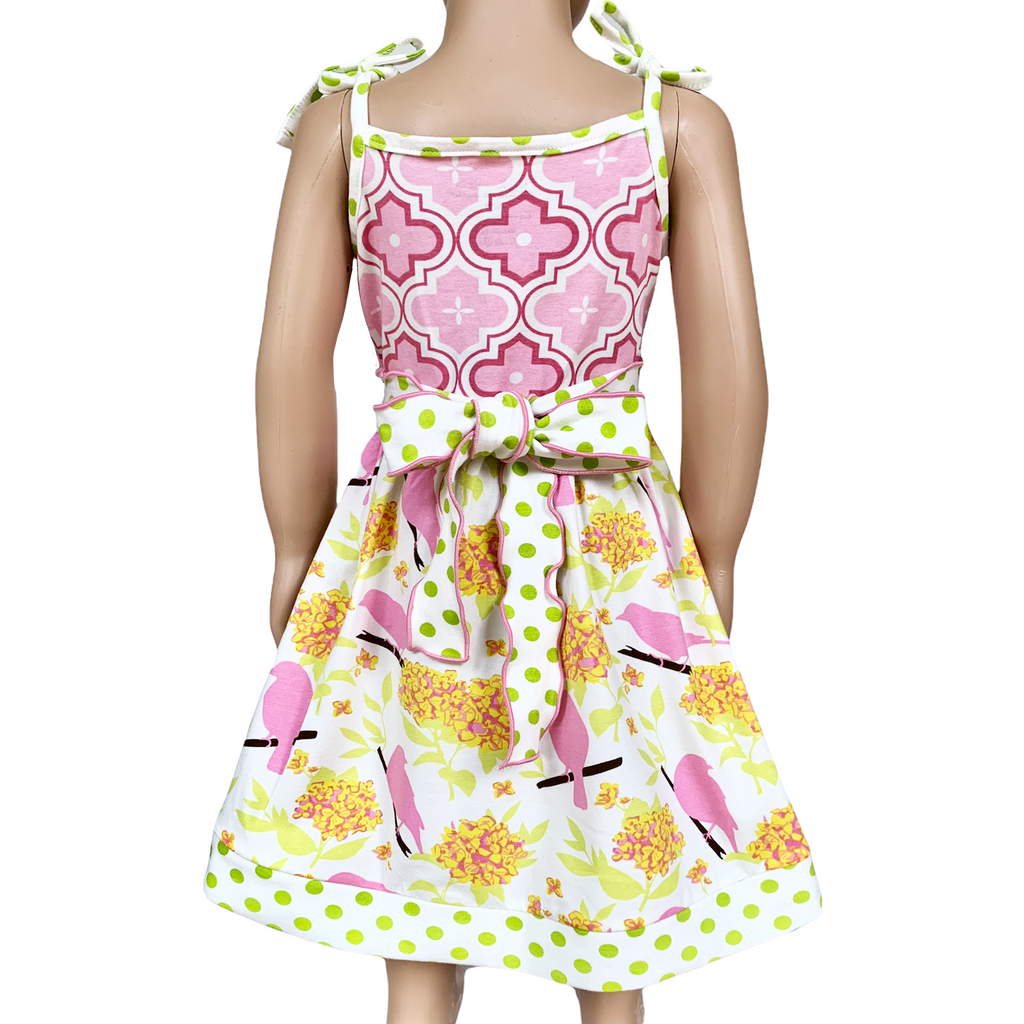 Girls Easter Dress Spring Birds and Pink Arabesque Cotton Knit Spaghetti Straps-1