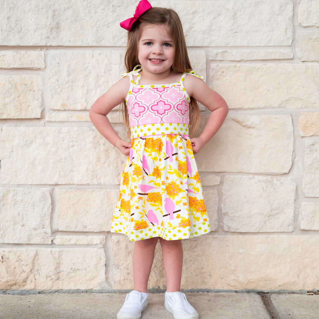 Girls Easter Dress Spring Birds and Pink Arabesque Cotton Knit Spaghetti Straps-4