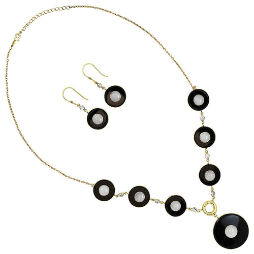 18K Gold Plated Black Onyx, Moonstone & Zircon Necklace Earrings Set TT01010-1