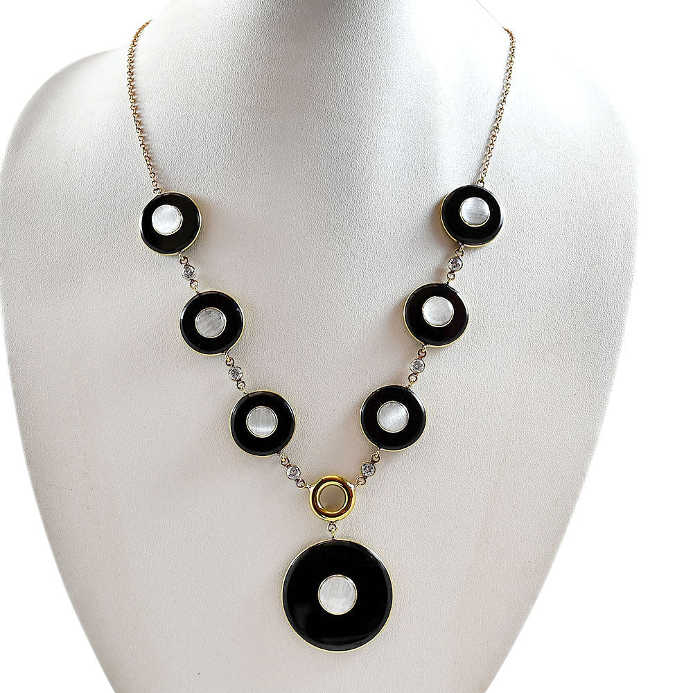 18K Gold Plated Black Onyx, Moonstone & Zircon Necklace Earrings Set TT01010-3