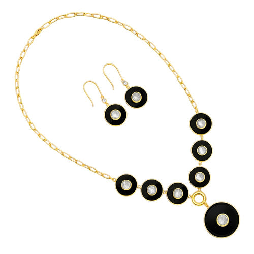 18K Gold Plated Black Onyx and Rainbow Moonstone Necklace Earrings Set TT01011-1