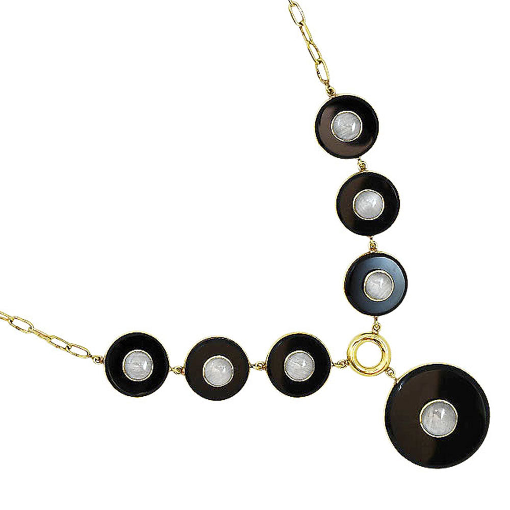 18K Gold Plated Black Onyx and Rainbow Moonstone Necklace Earrings Set TT01011-2