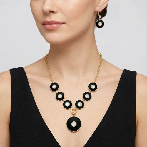18K Gold Plated Black Onyx and Rainbow Moonstone Necklace Earrings Set TT01011-0