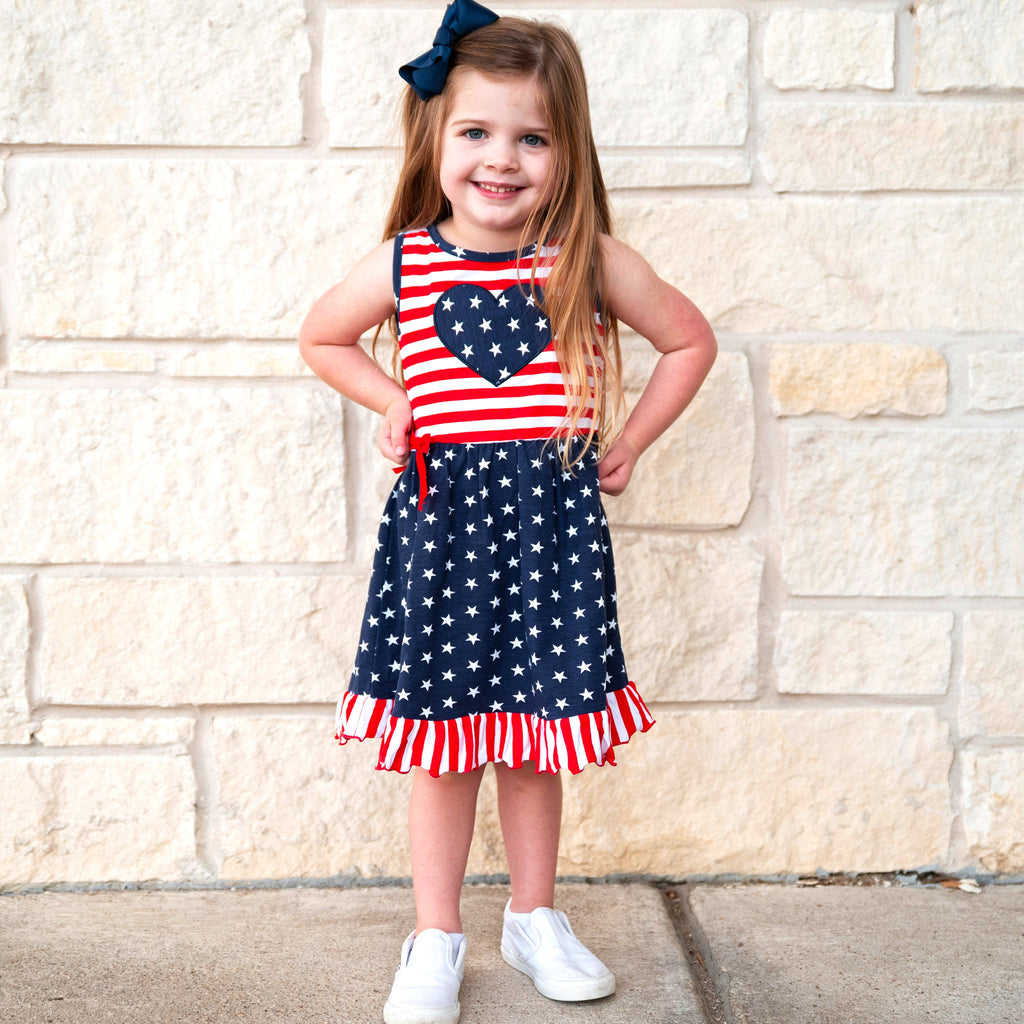 AnnLoren Girls 4th of July Stars & Striped Heart Dress Red White & Blue-4