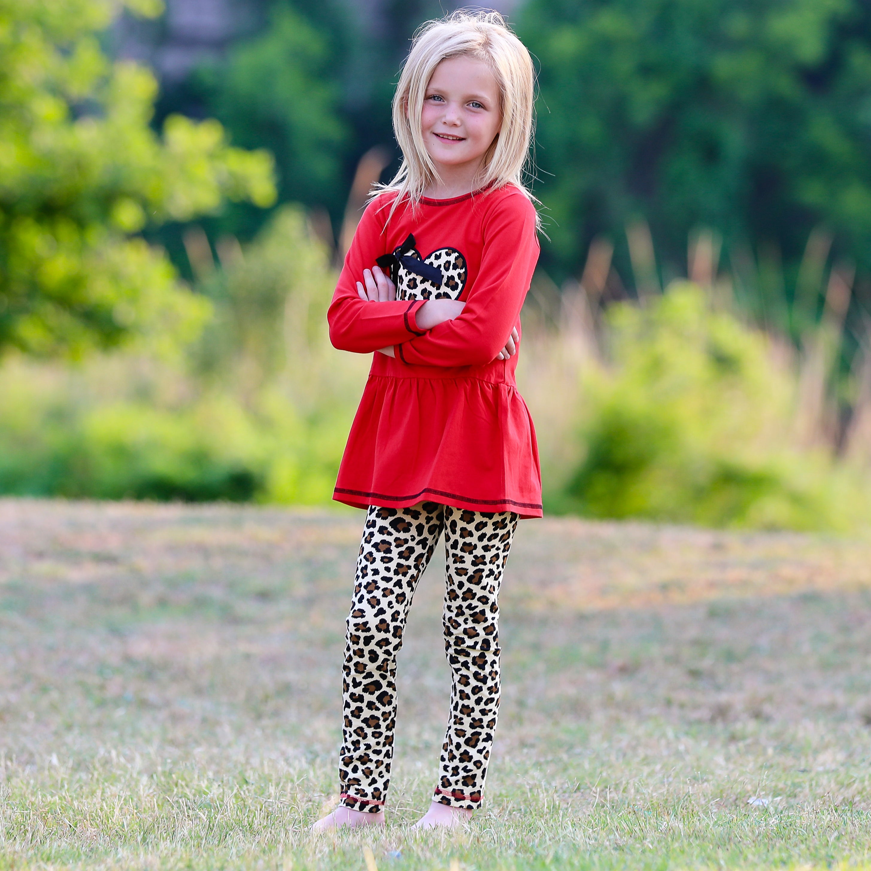 AnnLoren Girls Leopard Heart Holiday Dress Tunic & Leggings Set Outfit-1