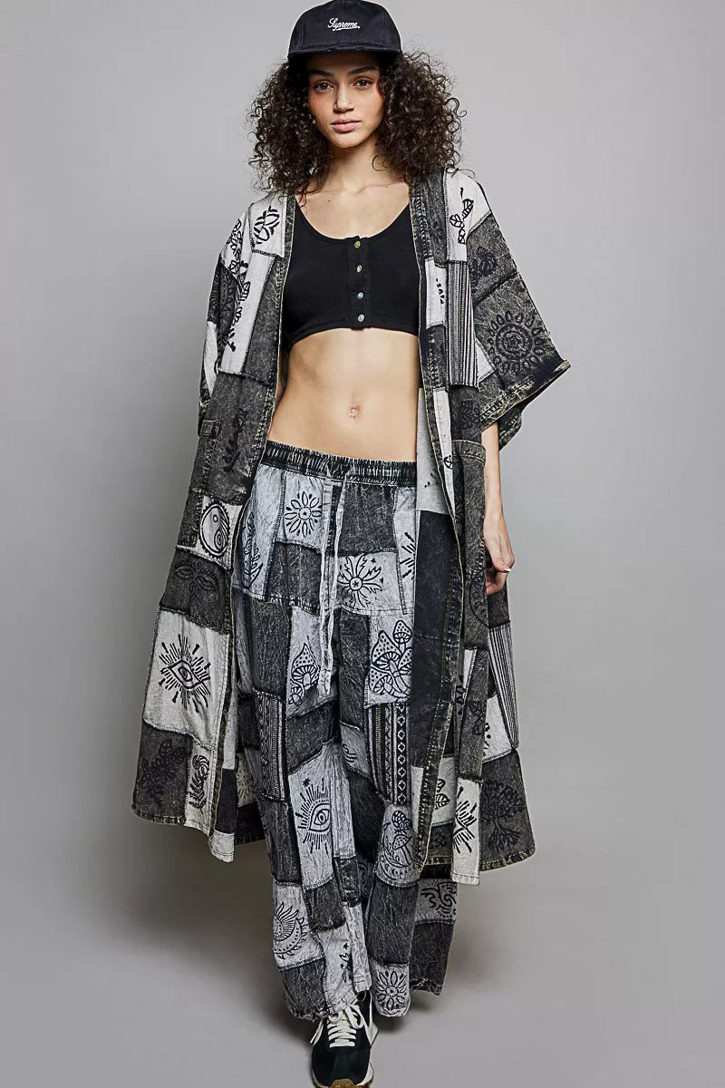 POL Open Front Printed Patchwork Longline Cardigan-1
