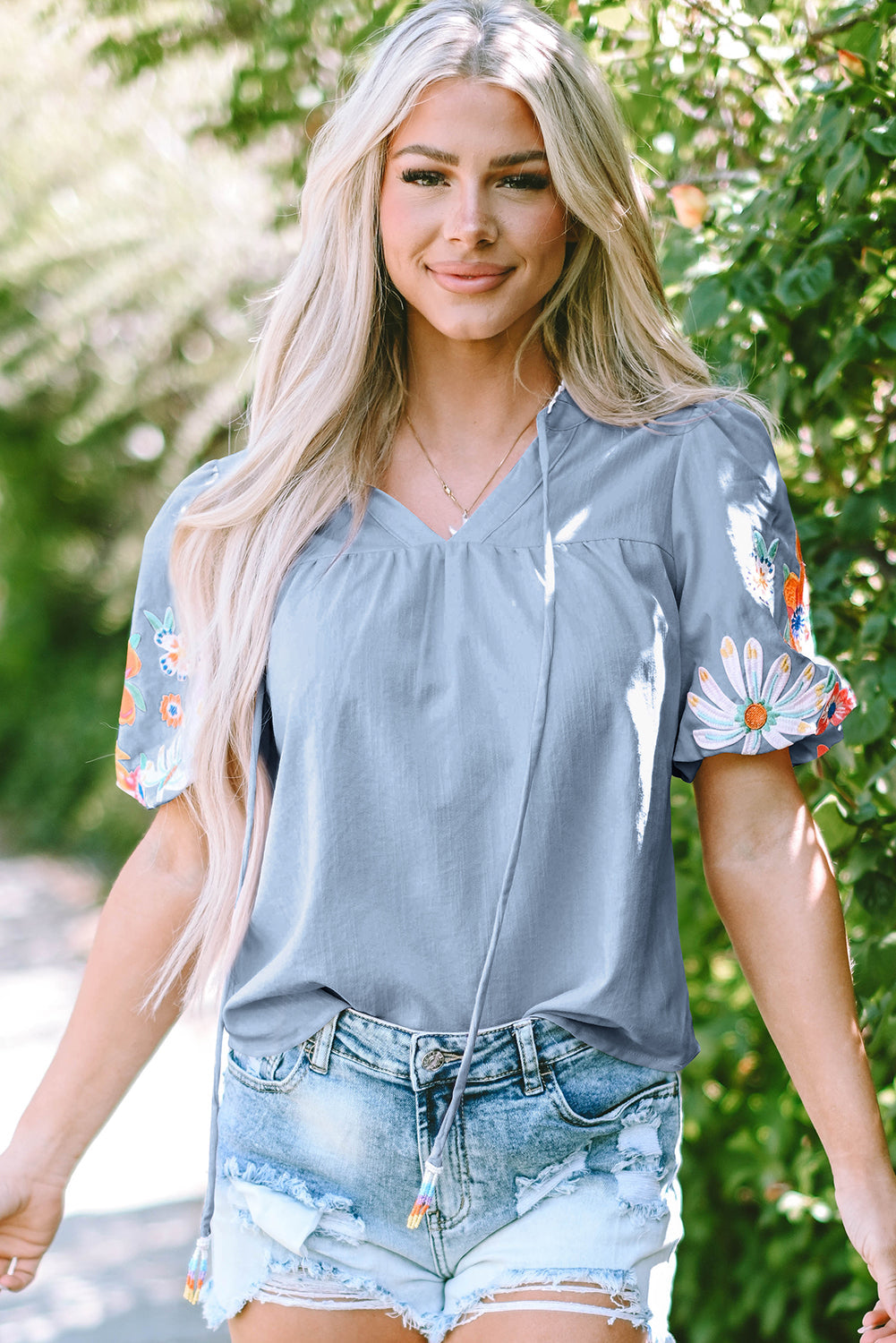 Hadlee Floral Embroidered Puff Sleeve Split Neck Blouse-0