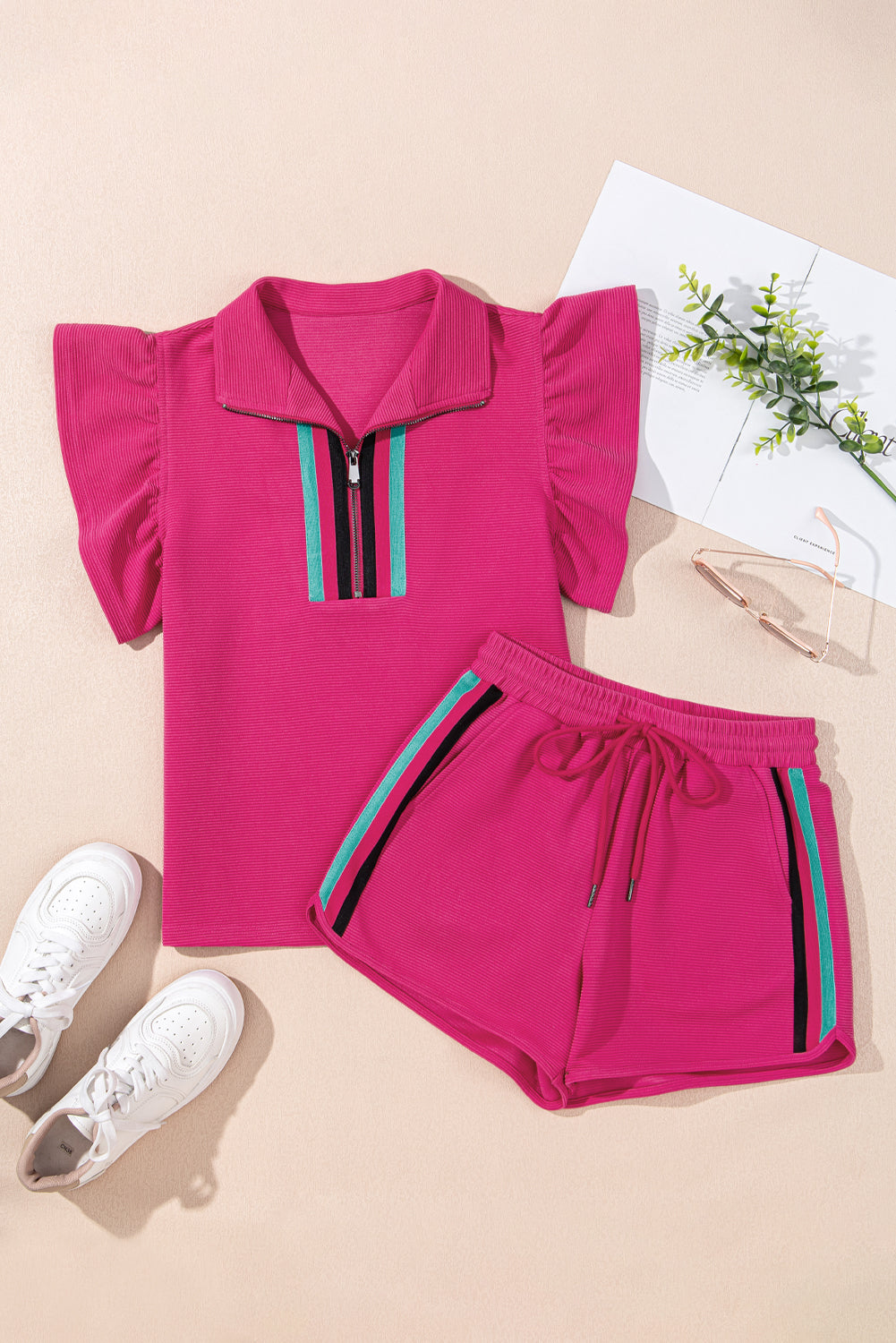Sol Striped Detail Flutter Sleeve Zipped Collar Short Set-2