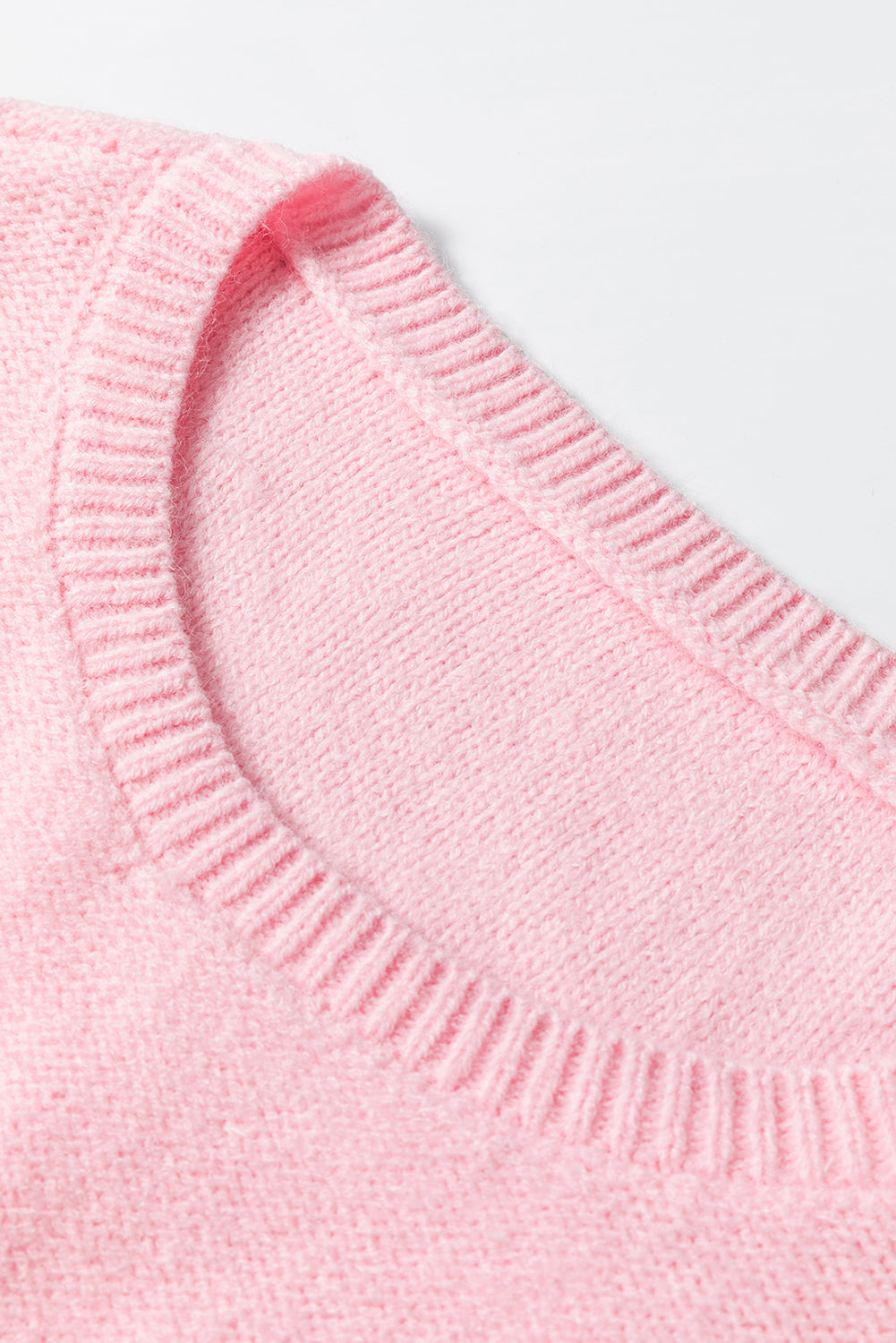 Pink Knitted Flower Pattern Ribbed Edge Sweater