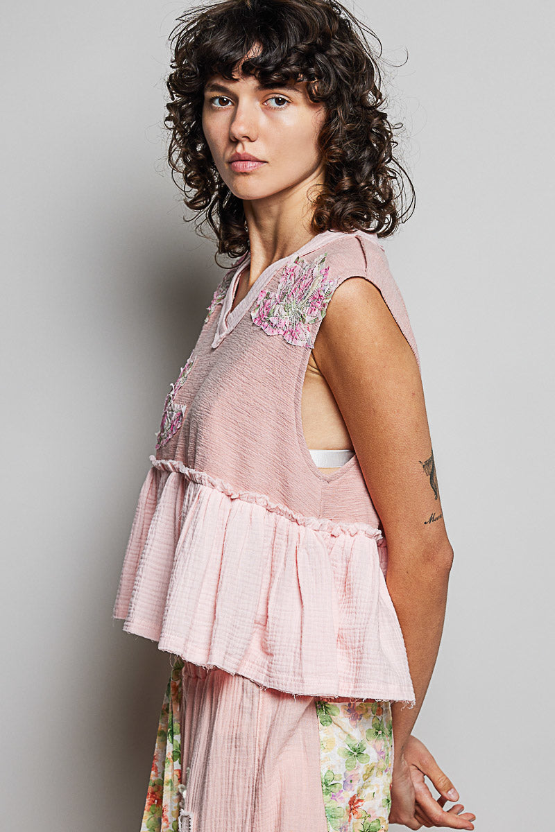 POL Floral Patch Ruffled Sleeveless Top with Raw Edge Detail-2