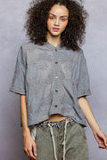 POL Button Front Floral Stitching Breathable Hooded Shirt-0