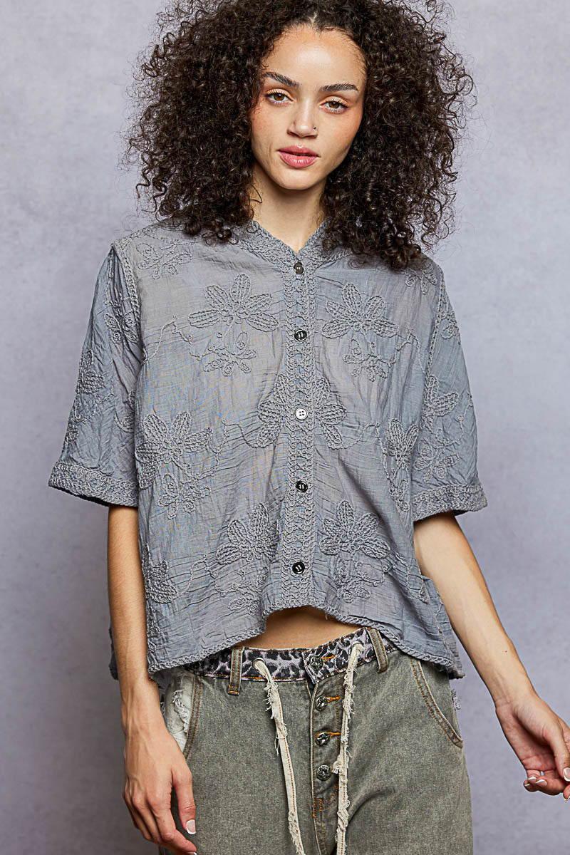 POL Button Front Floral Stitching Breathable Hooded Shirt-0