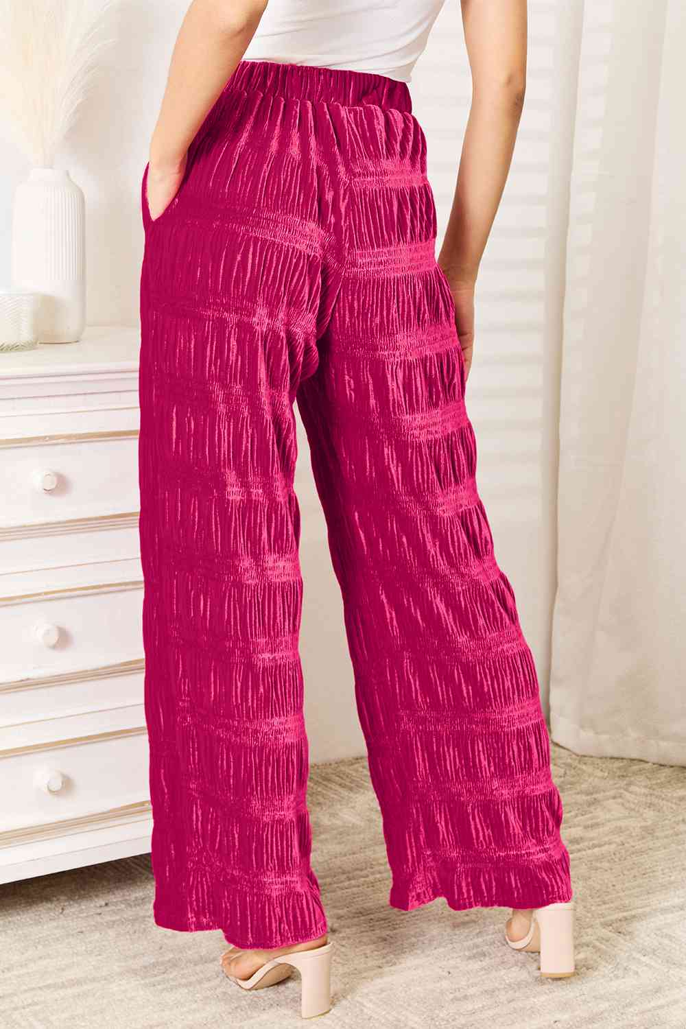 Double Take Full Size High Waist Tiered Shirring Velvet Wide Leg Pants-1