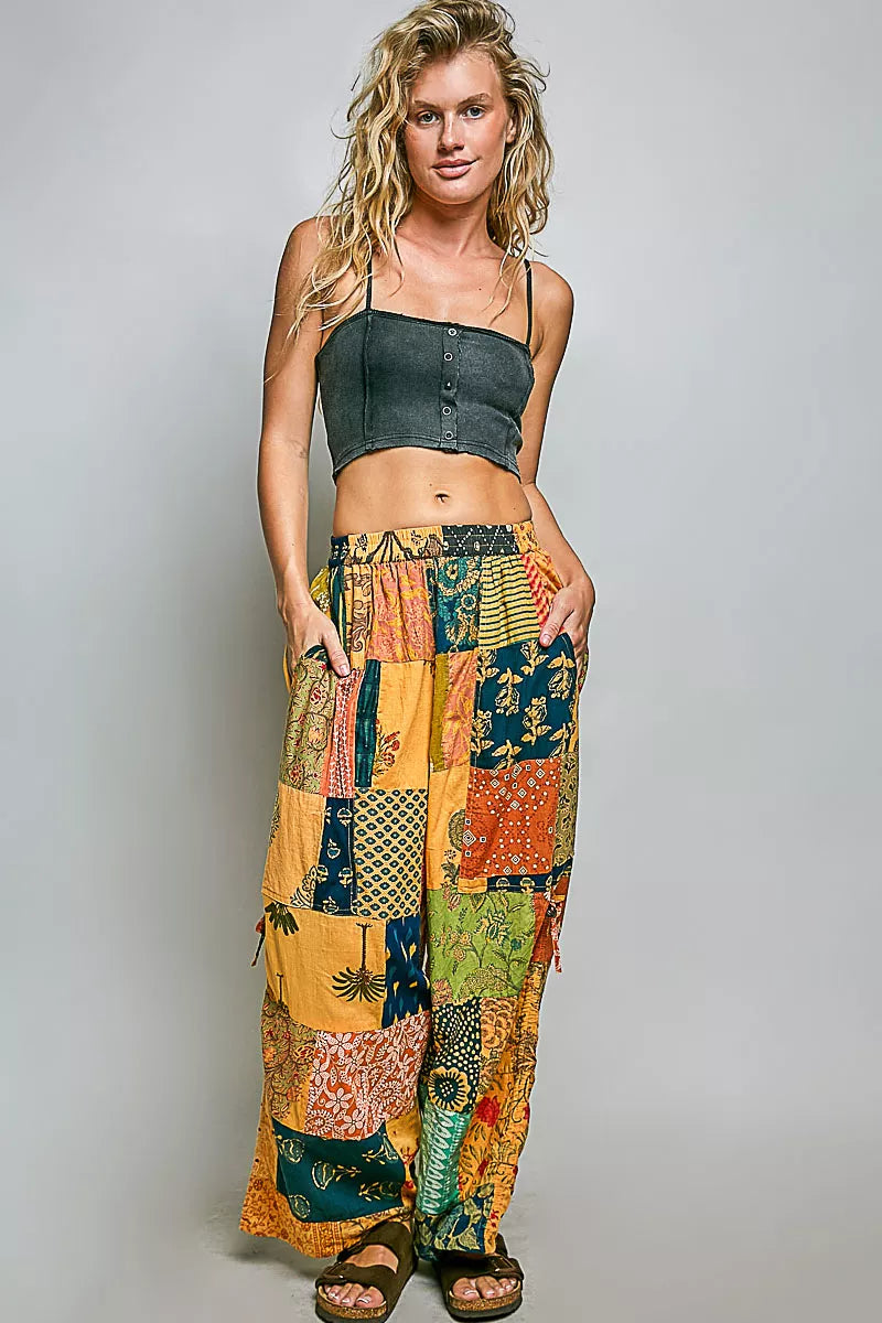 POL Printed Patchwork Wide Leg Pants with Adjustable Side Drawstring-4
