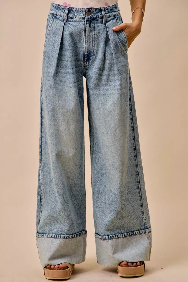 SO ME Mid Rise Plated Wid Leg Denim Jean-1