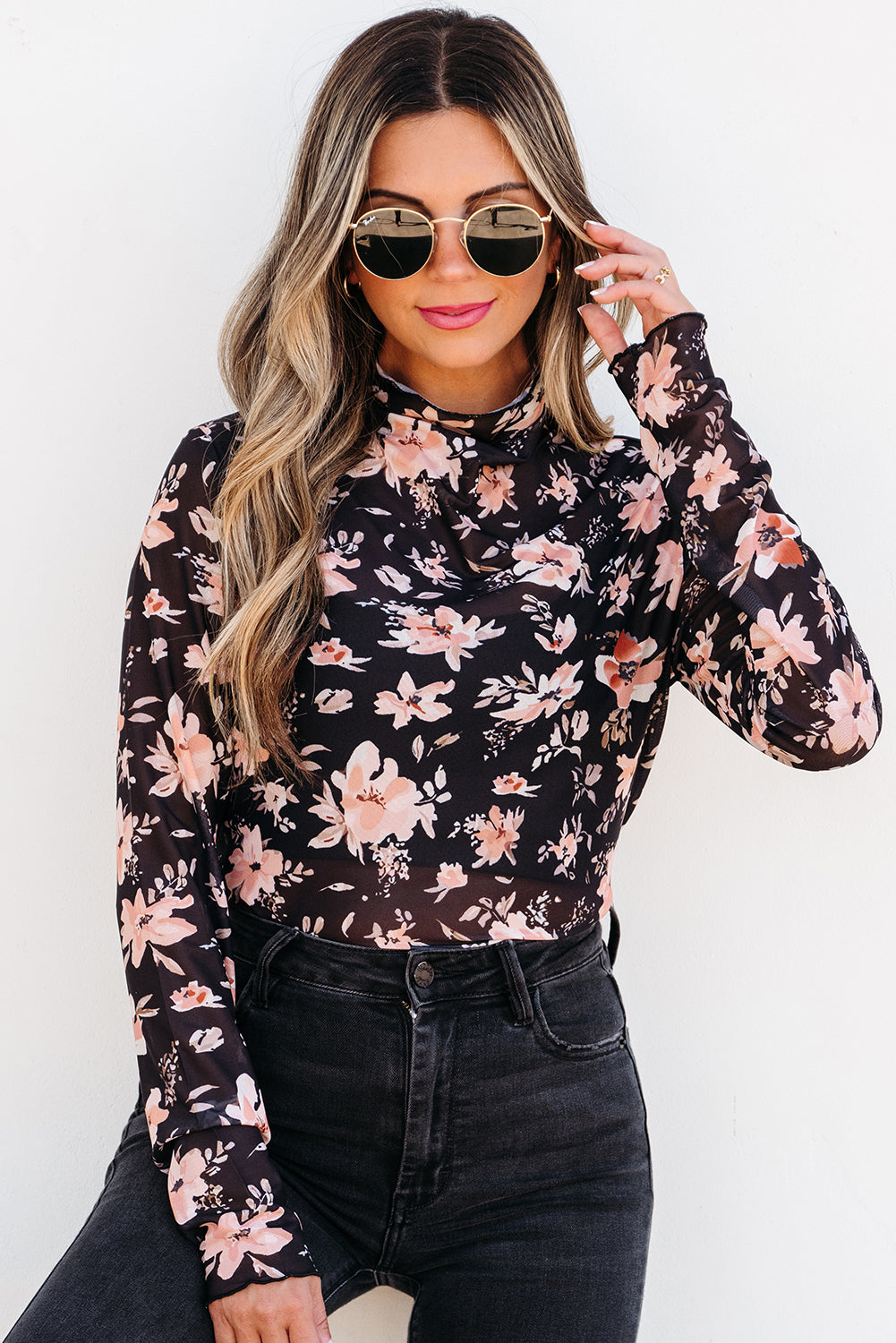 Black Floral Mesh Mock Neck Long Sleeve Slim Fit Top