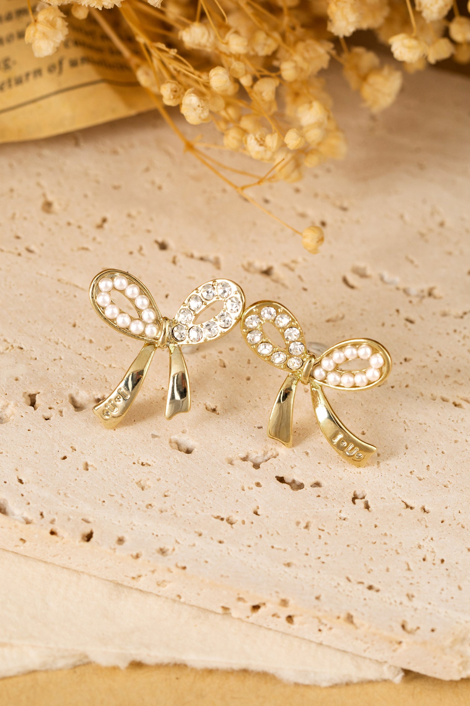 Winter Rhinestone Pearl Bow Earrings-4