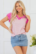 Rosie Stripe Ruffled V Neck Cap Puff Sleeve Top-0