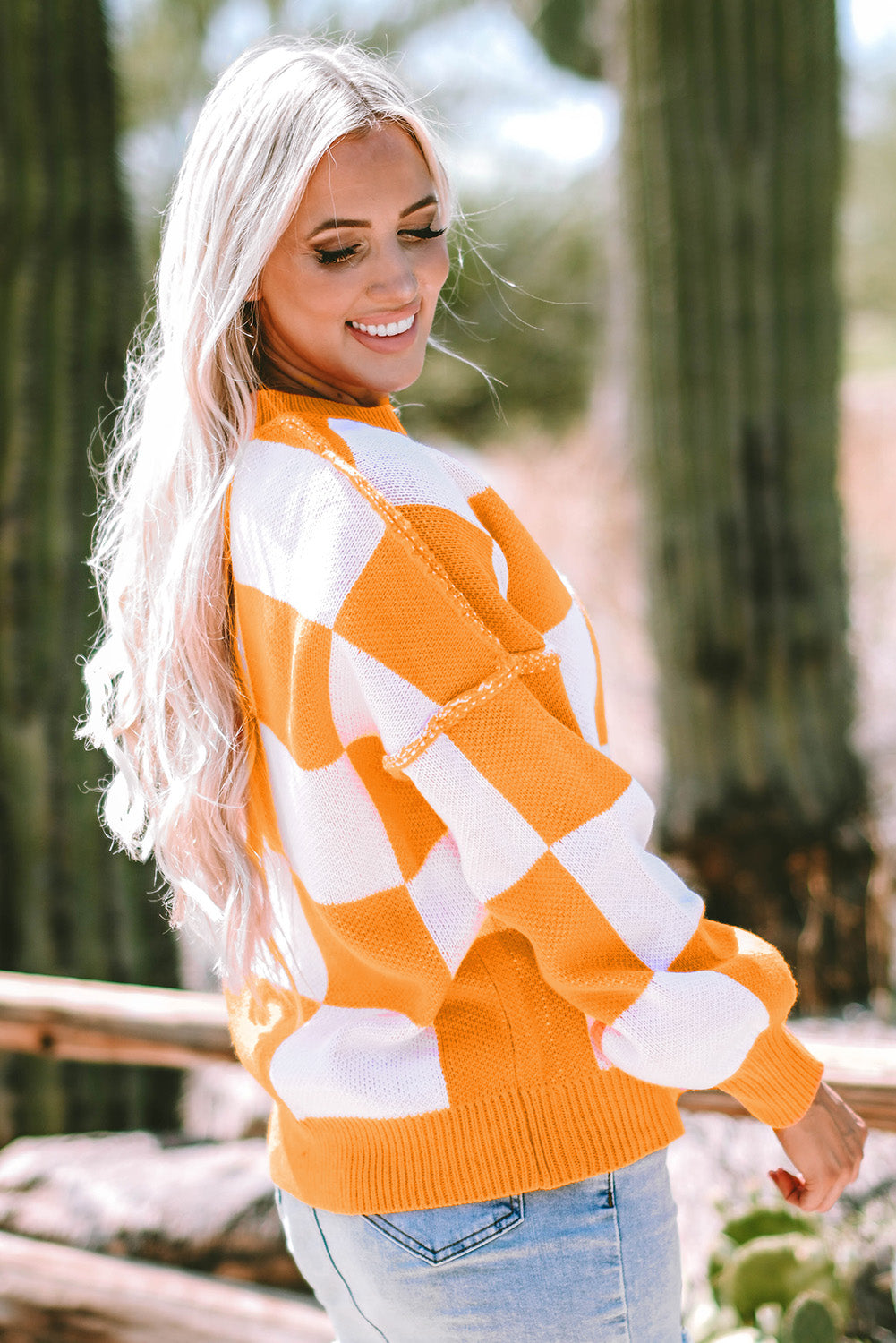 Ashley Checkered Bishop Sleeve Sweater-2
