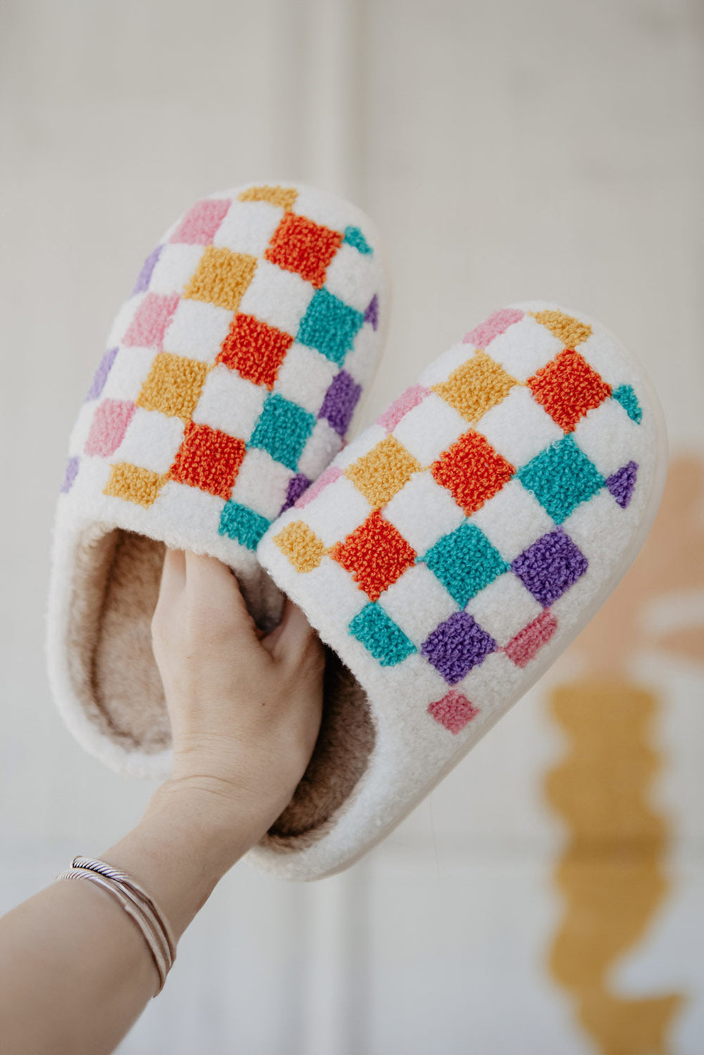 White Vibrant Checkered Plush Thermal Slippers