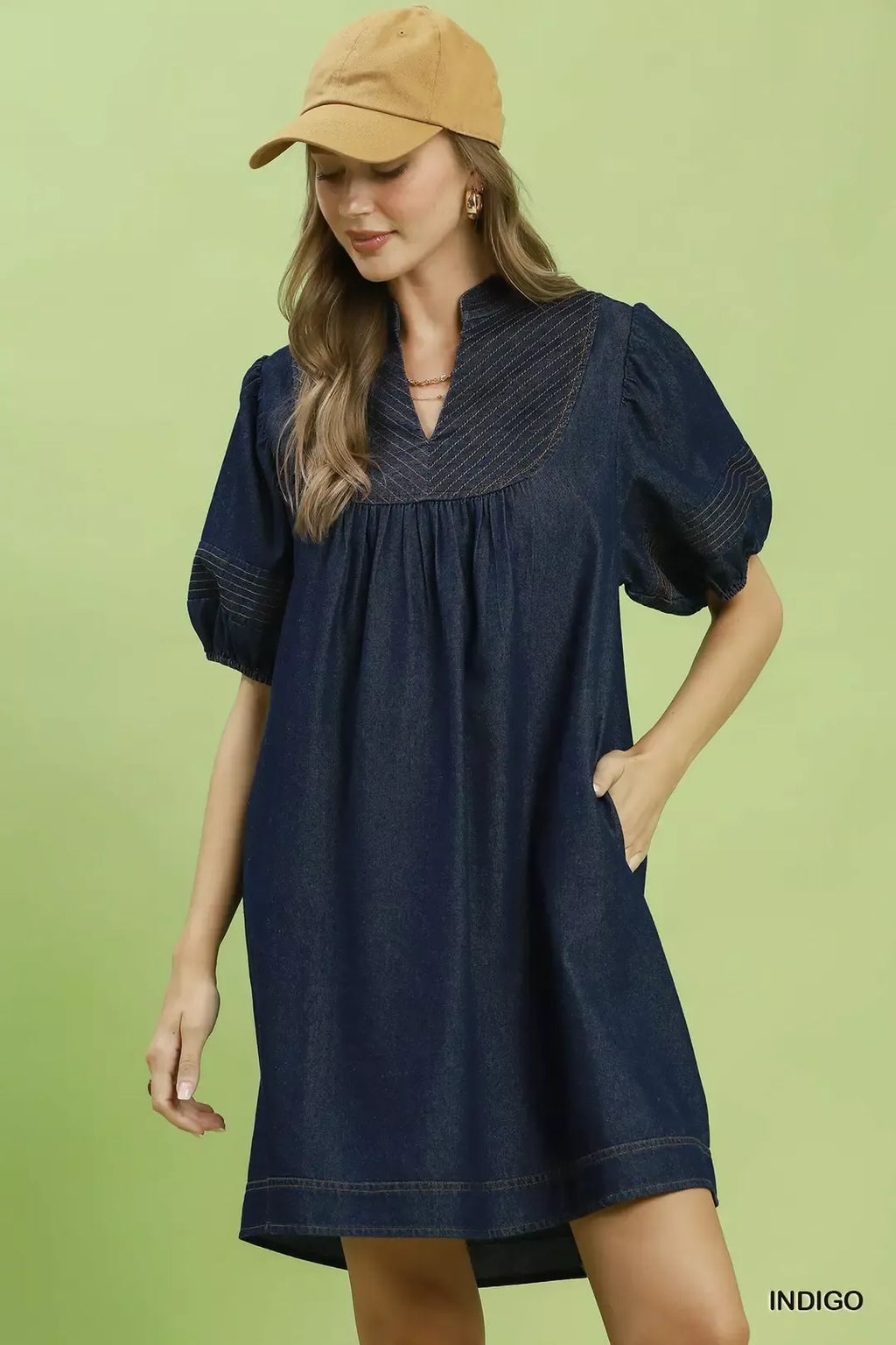 Umgee Notched Puff Sleeve Mini Dress with Pockets-0