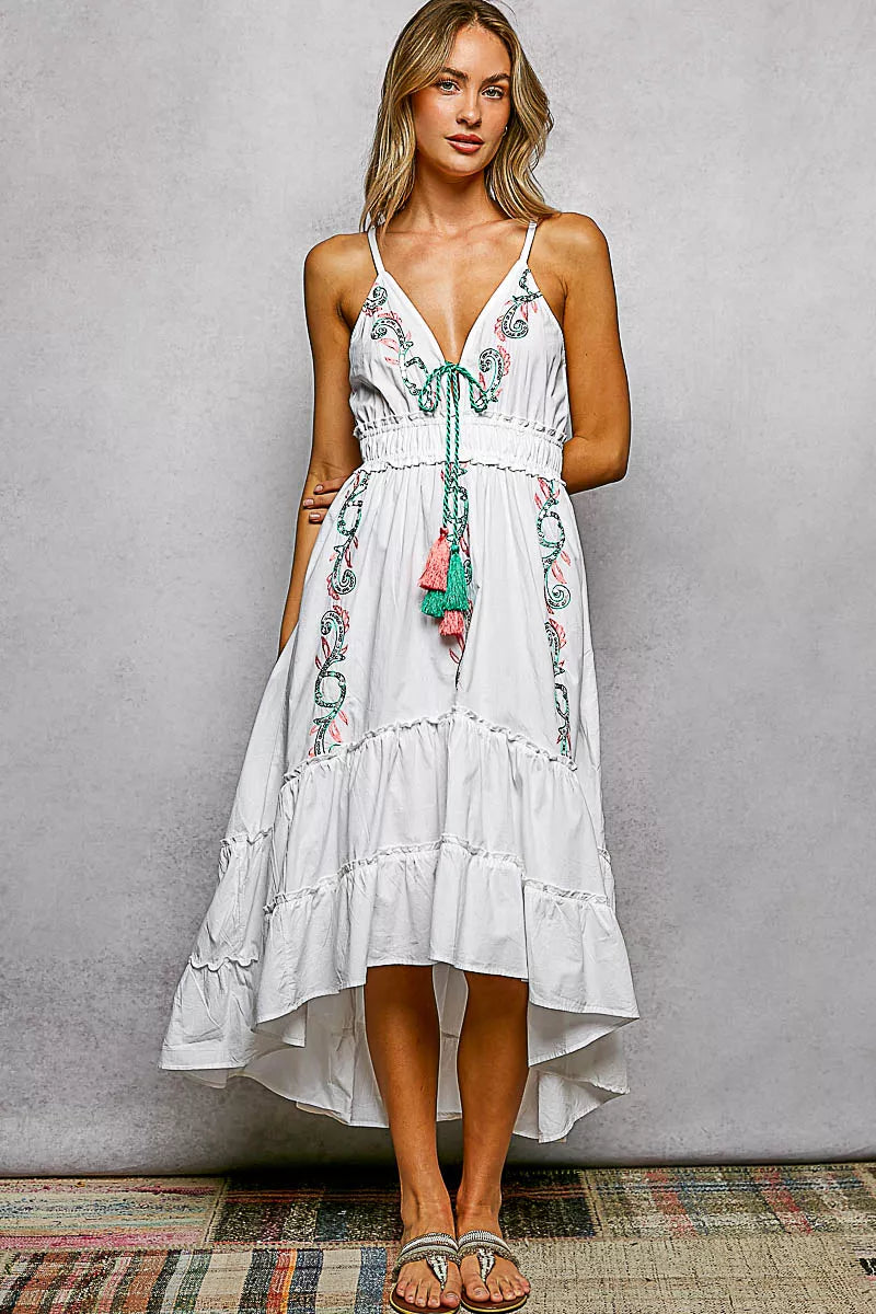 POL Embroidered Detail Tassel Tie Smocked Waist Midi Tiered Cami Dress-1