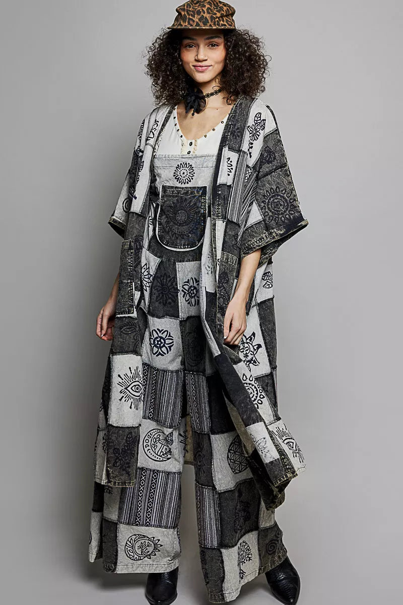 POL Open Front Printed Patchwork Longline Cardigan-2