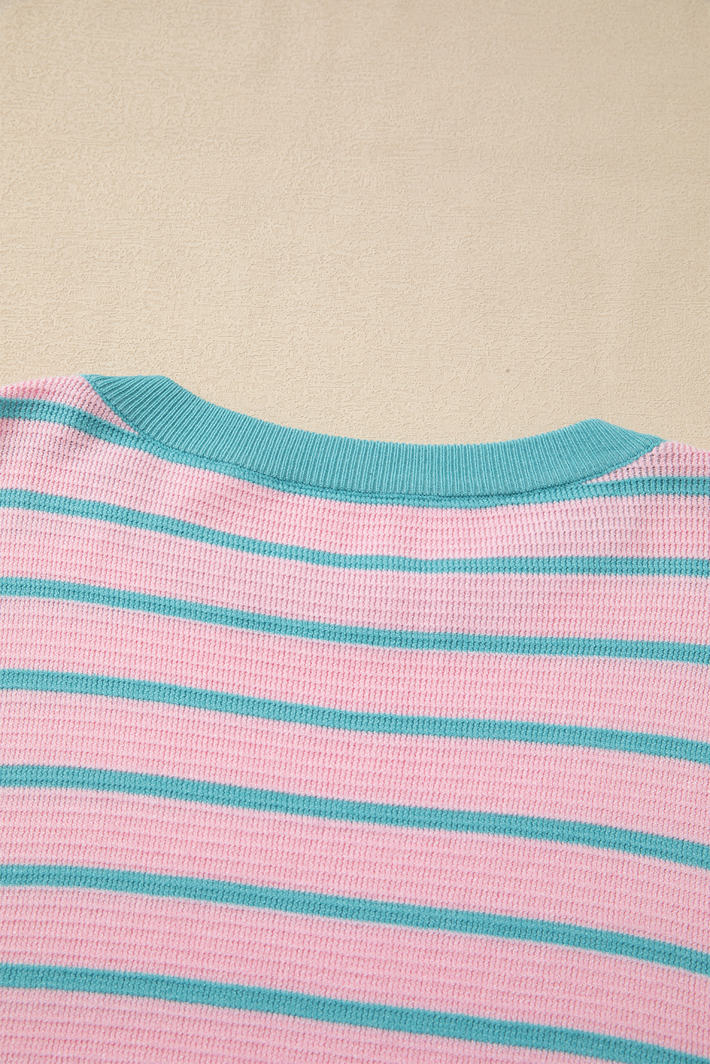 Pink Stripe Trimmed Round Neck Drop Shoulder Loose Sweater