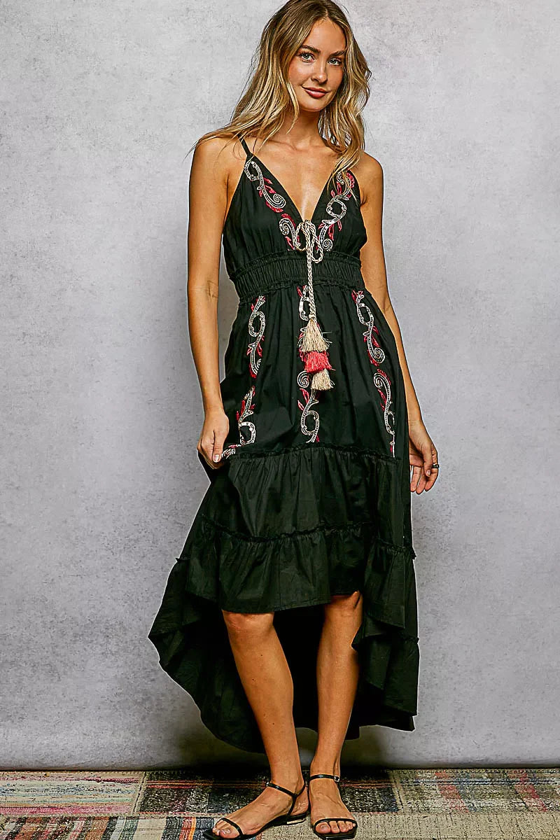 POL Embroidered Detail Tassel Tie Smocked Waist Midi Tiered Cami Dress-2