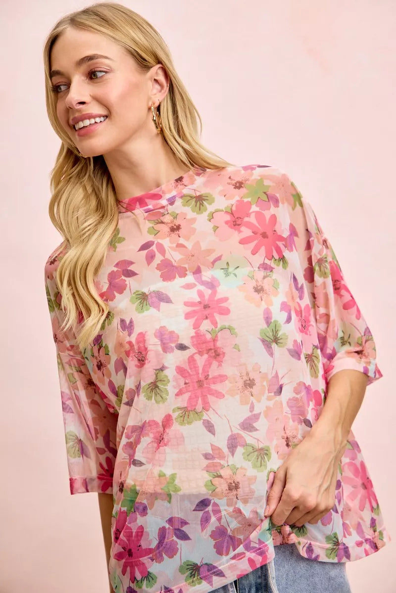 BiBi Floral Print Short Sleeves Boxy Mesh Top-2