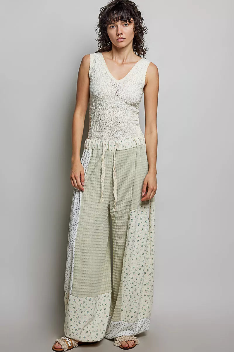 POL Patchwork Mixed Knit Wide Leg Pants-4