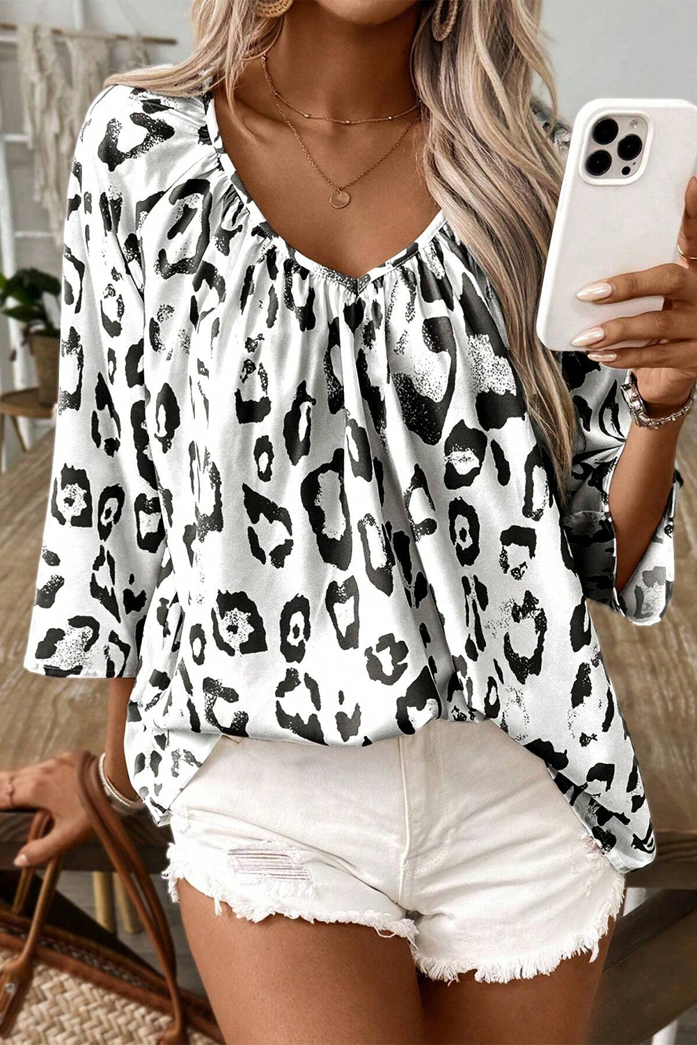 Black Leopard Print Ruched V Neck 3/4 Sleeve Blouse