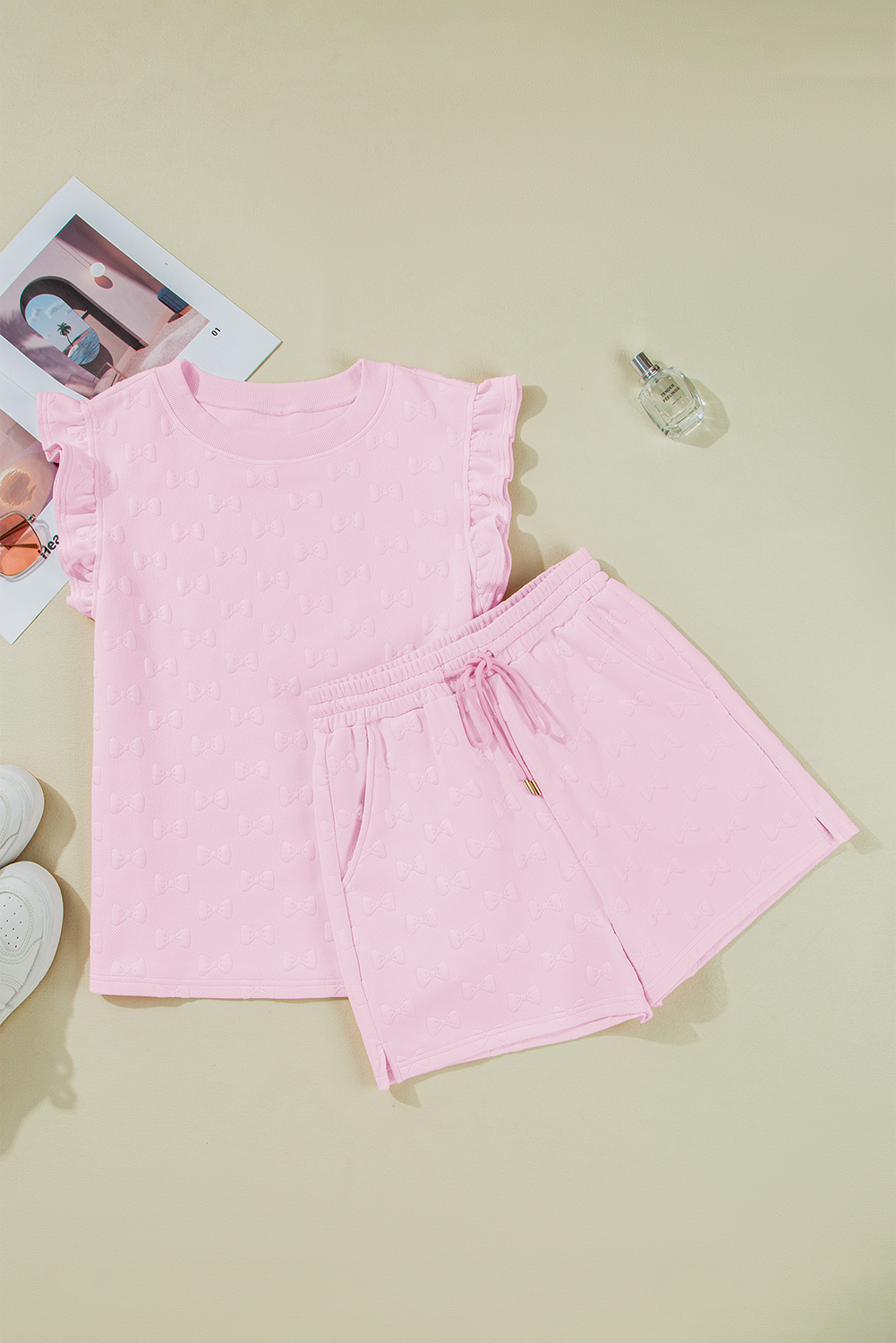 Ocean Bow Jacquard Ruffle Sleeve Short 2pcs Outfit-2