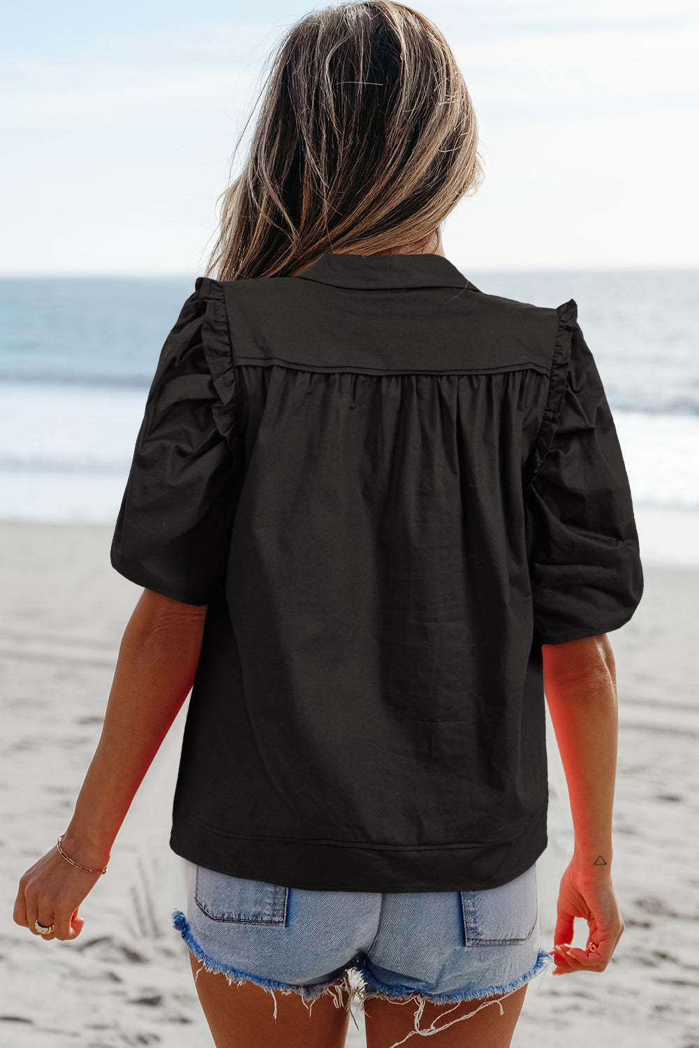 Analeia Frilly Puff Sleeve Stylish Collared Shirt-1