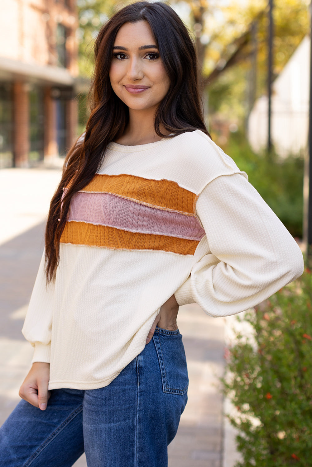 White Corded Exposed Seam Knit Patchwork Drop Sleeve Top