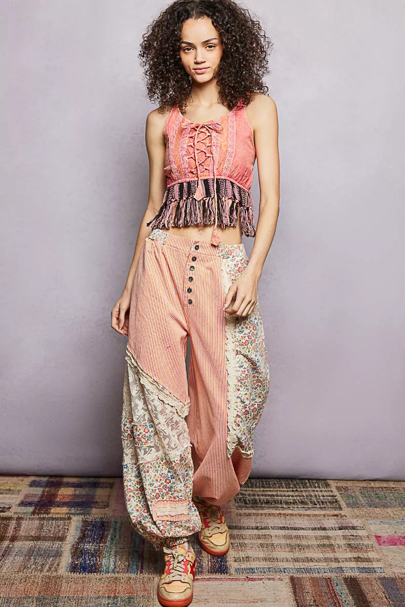 POL Lace-Up Fringe Hem Tank with Lace Detail-4
