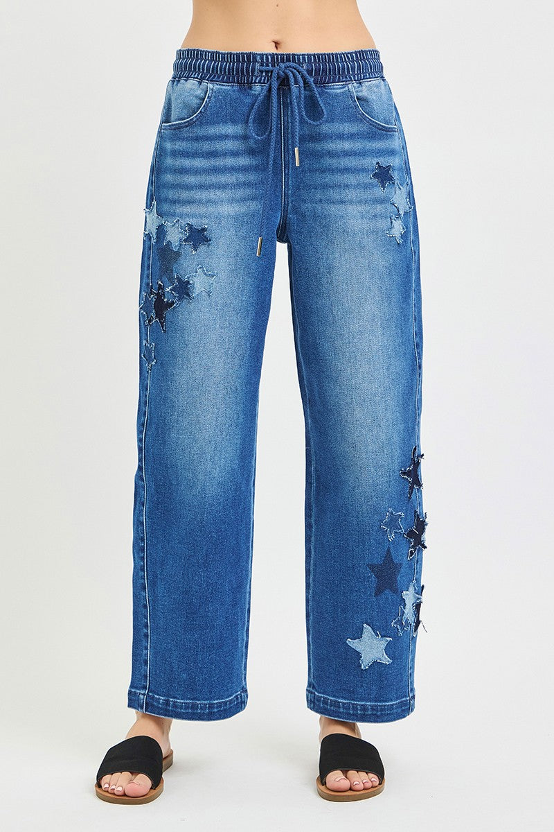 RISEN Elastic Band Slouchy Cropped Barrel with Star Patch-0