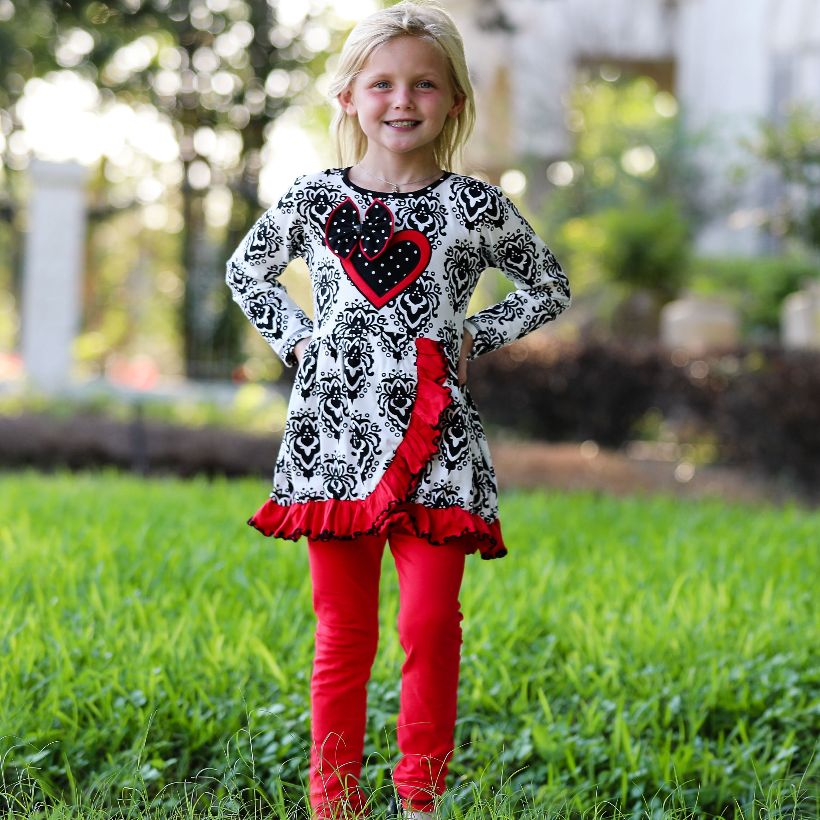 AnnLoren Girls Winter Damask Valentine's Heart Holiday Dress Tunic & Leggings Set-3