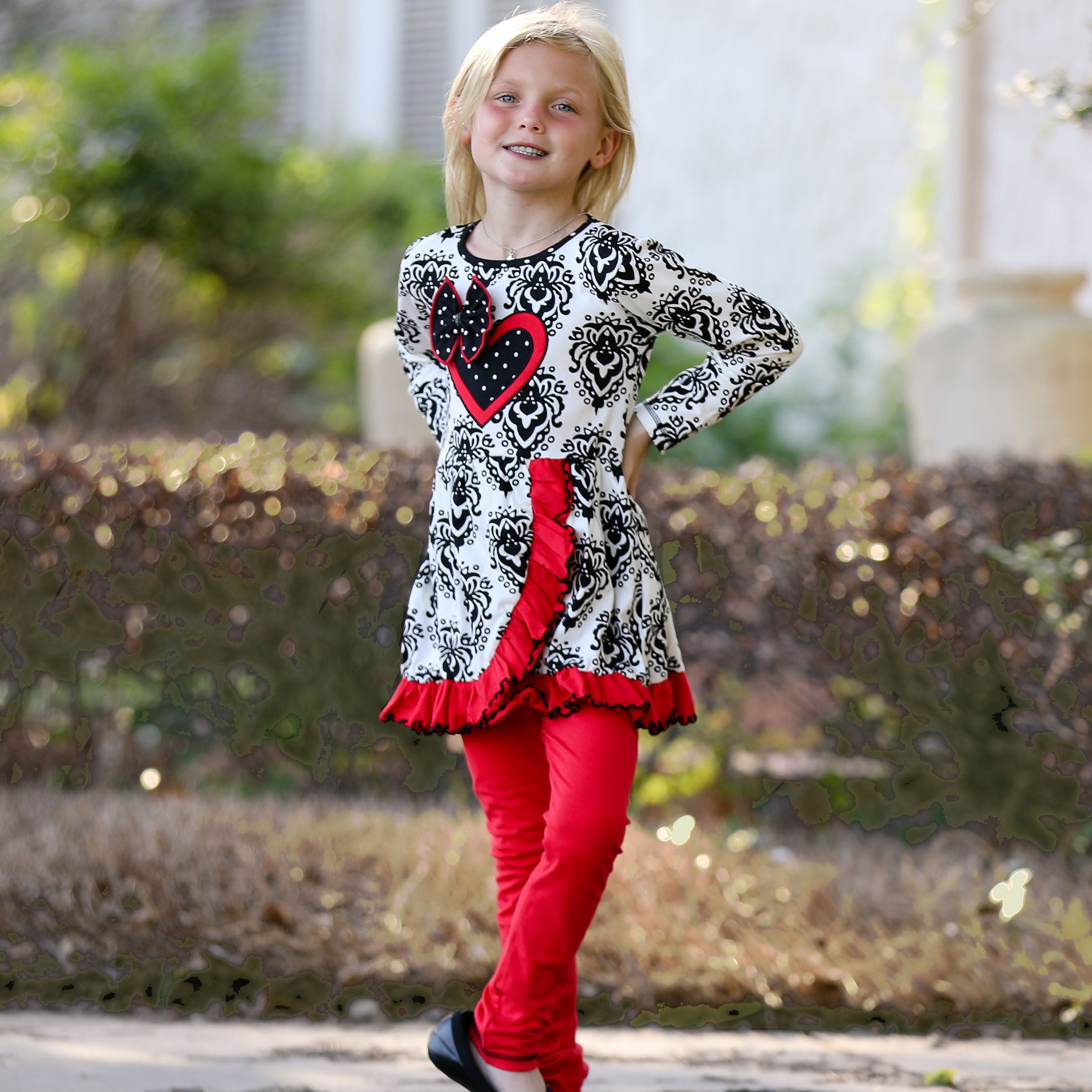 AnnLoren Girls Winter Damask Valentine's Heart Holiday Dress Tunic & Leggings Set-4