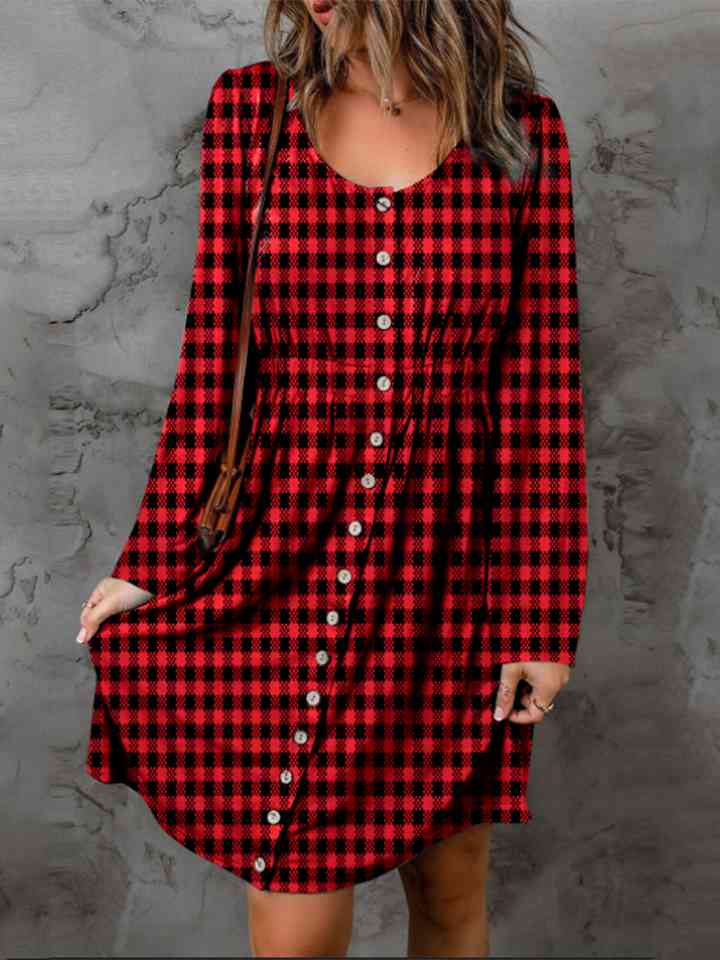 Double Take Full Size Plaid Round Neck Long Sleeve Magic Dress-0